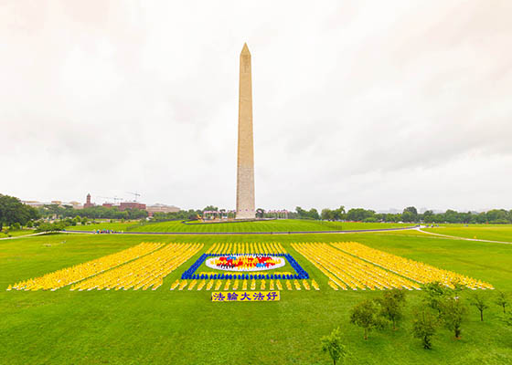 Image for article Momentos conmovedores: Práctica en grupo y formación del emblema Falun en el Monumento a Washington