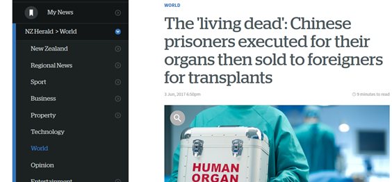 Image for article El ‘New Zealand Herald’ hace una cobertura sobre la sustracción forzada de órganos en China