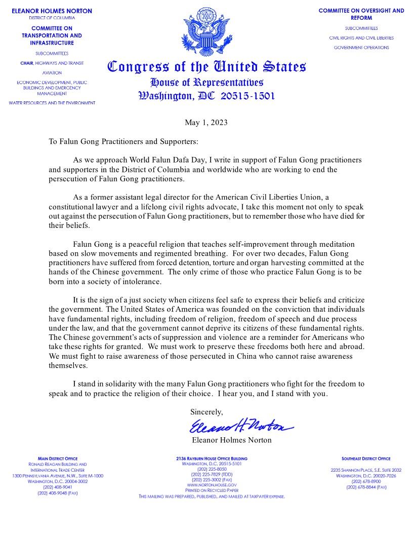 Image for article Washington DC: Representante de la cámara de Representantes envía carta de apoyo a los practicantes de Falun Dafa