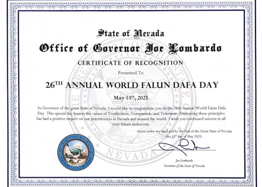 Image for article Nevada, EE. UU.: Gobernador y vicegobernador emiten certificados de reconocimiento para conmemorar el Día Mundial de Falun Dafa