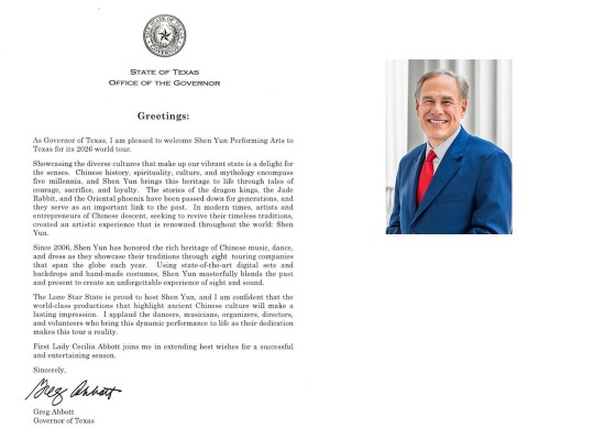 Image for article El Gobernador de Texas felicita a Shen Yun por el inicio de su gira mundial de 2026