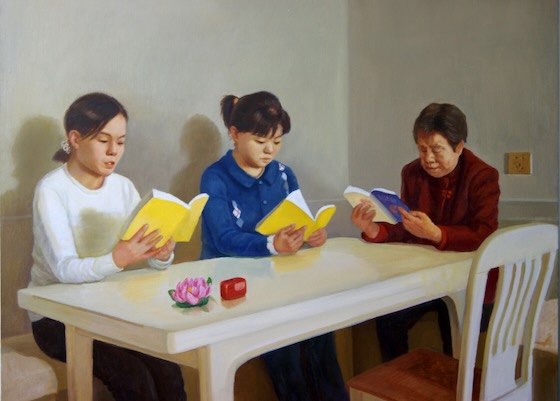 Image for article [Celebrando el Día Mundial de Falun Dafa] Pintura al óleo: Tres generaciones de una familia practican Falun Dafa