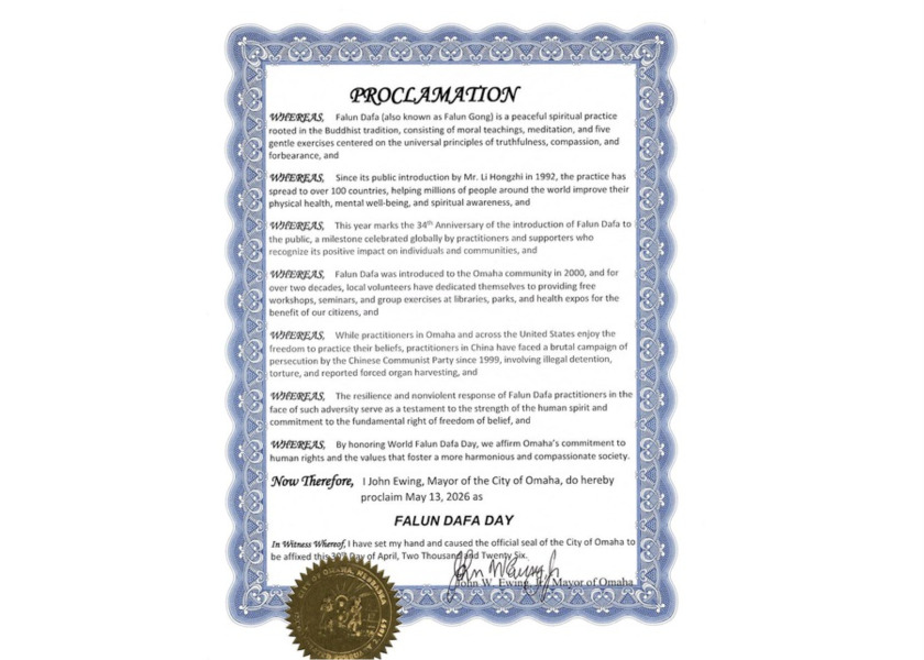 Image for article El alcalde de Omaha proclama el Día de Falun Dafa