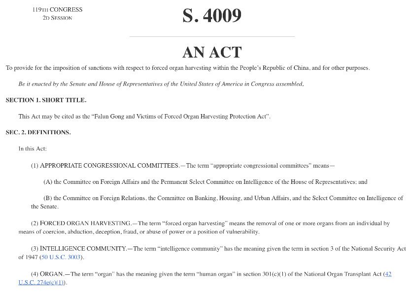 Image for article El Senado de Estados Unidos aprueba el proyecto de ley S.4009: Ley de protección a Falun Gong y las víctimas de la sustracción forzada de órganos
